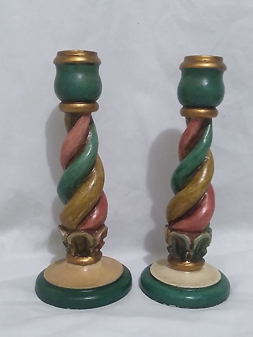 Hand-Painted Twisted Spiral Pillar Candle Holders in Green, Gold & Red 2 (B4)